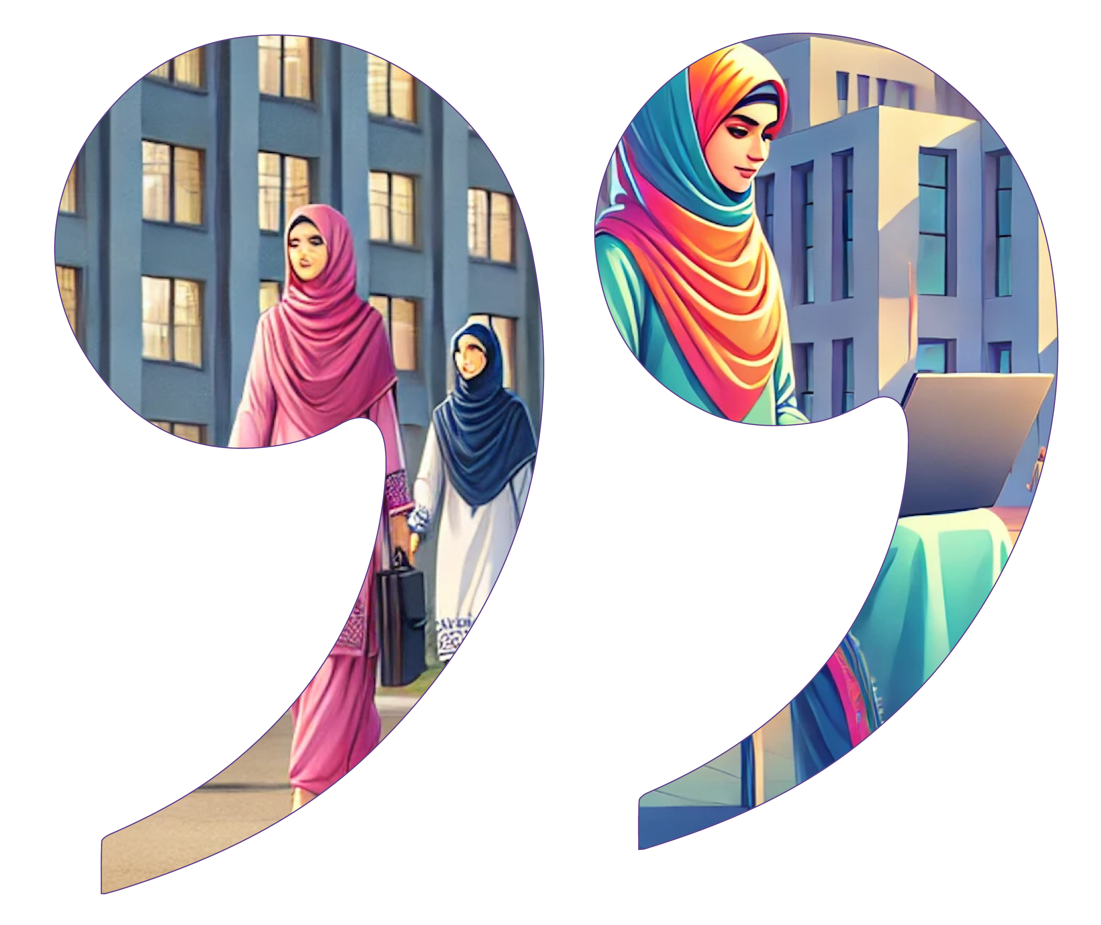 Illustration of women in hijabs walking and working in a modern urban setting